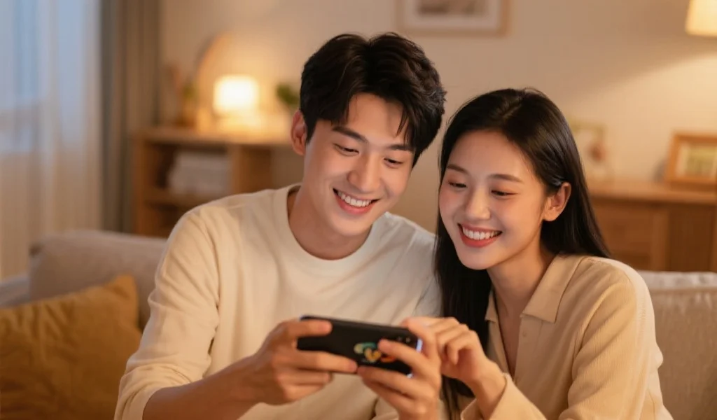 一名年轻男女用户面带微笑，正轻松使用手机娱乐APP，背景为温馨家居环境