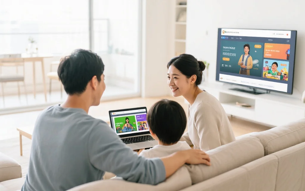一个现代家庭坐在宽敞明亮的客厅里，用笔记本电脑体验网页端娱乐，画面清晰、功能丰富