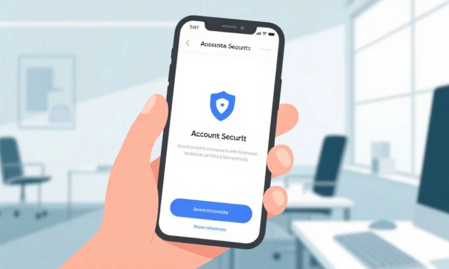 插图展示手机显示收到账户安全通知的界面,背景为干净明亮的工作环境